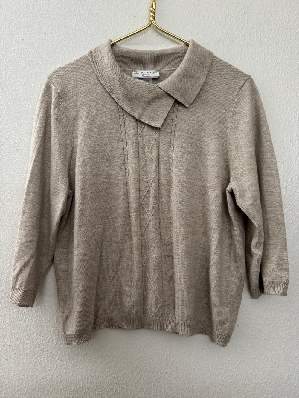 Allison Daley Tan Collared Cableknit 3/4 Sleeve Sweater Size Petite Large